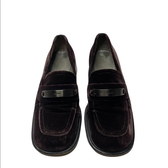Prada | Y2K 90’s Vintage Brown Velvet Square Toe Chunky Logo Loafers 35.5 - Picture 2 of 12